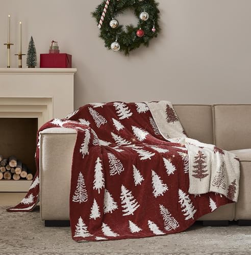WDCOZY Christmas Throw Blanket Christmas Tree Reversible Super Soft Knitted Couch Bed Sofa Microfiber Chenille Luxurious Home Decor Warm Cozy Comfy Lightweight Holiday Blanket Winter 50x60 Red