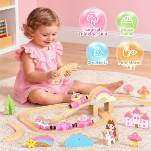 Hot Bee Pink Wooden Train Set, Girls Birthday Gift Unicorn Toy Age 3+ | Compatible with Most Wood Train Tracks, Fairy & Princess Theme, Easy Layouts, Fine Motor Play, Birthday Gifts Toys for Girls