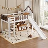 vutizal Cama alta de 90 x 200 cm con tobogán, ventanas y techo, cama de juego para niños con protección contra caídas, escalera recta y rejas de seguridad, color blanco/madera natural, litera para 2