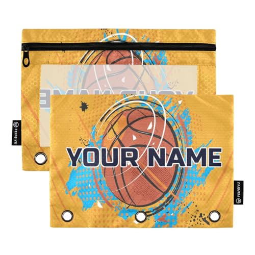 Gredecor Personalized Binder Pencil Pouch 3 Ring Basketball Pop Art Custom Zipper Pencil Pouches Case Add Your Name Customized Clear Binder Organizer for School Office 2 Pack
