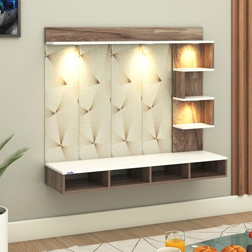 Image of amaflip Laura Engineered Wood Wall-Mount TV Unit with Printed PVC Back Panel & LED Lights | TV Cabinet with Storage Box & Decorative Shelves (Coachwood /White) for TVs up to 43 Inch | DIY Installation