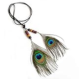  Bobury Frauen verstellbare Länge Pfauenfeder Anhänger lange Halskette Feder Stirnband