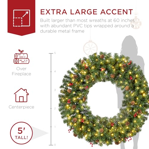 Image of Best Choice Products 60in Pre-Lit Christmas Wreath w /Berries & Pinecones, Large Artificial Indoor /Outdoor Decor for Door, Mantel, Plug-in