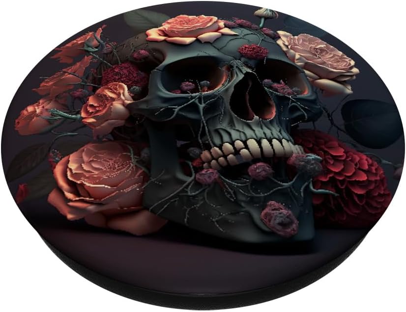 Skull and Roses Floral Black Dark Goth Horror Skull PopSockets Adhesive PopGrip - Image 2