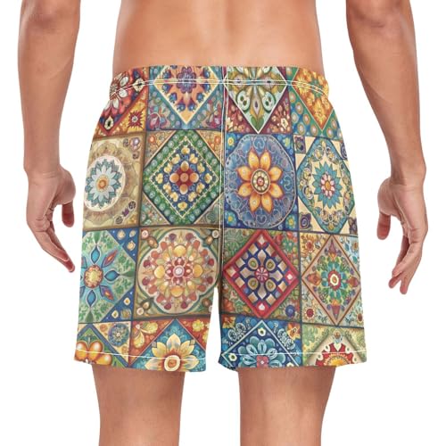 Men's Swim Trunks Indian Texture Pattern, Quick Dry Beach Board Shorts with Liner, Swimwear Bathing Suits S2