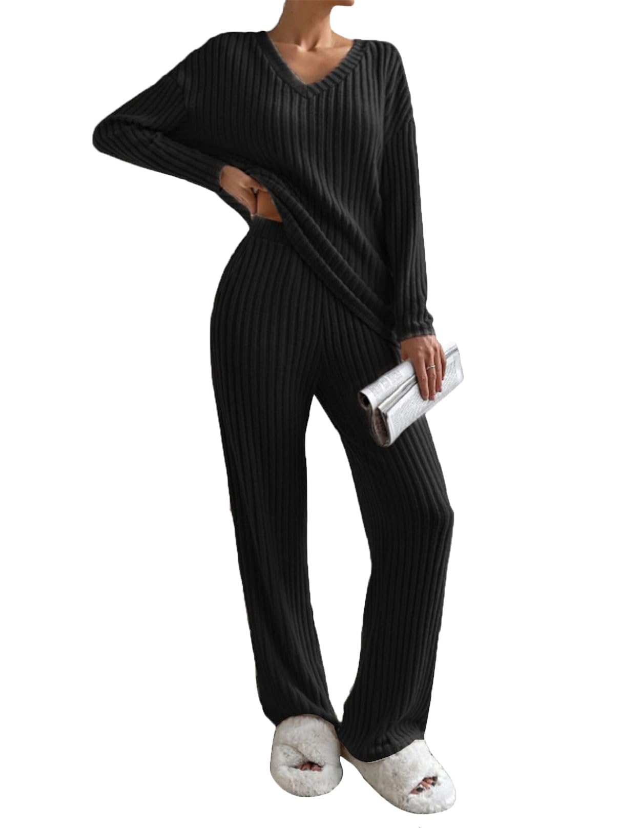 YutdengWomens 2 Piece Lounge Wear Sets Ribbed Pyjamas Set Tracksuit Ladies Outfit Loungewear Sets V Neck Long Sleeve Tops Wide Leg Trousers with Pockets Sleepwear Homewear