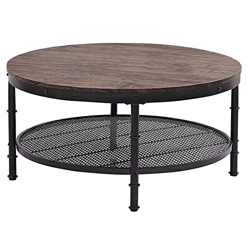 Greenforest Coffee Table Round 35.8 Inch Industrial 2-Tier Sofa Table With Storage Open Shelf And Metal Legs For Living Room, Dark Walnut #TOP6