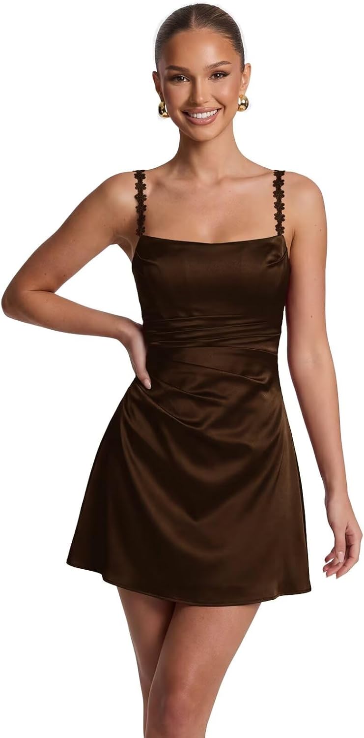 Satin Short Prom Dresses 2026 for Teens Square Neck Flower Spaghetti Straps Pleated Mini Homecoming Cocktail Gown