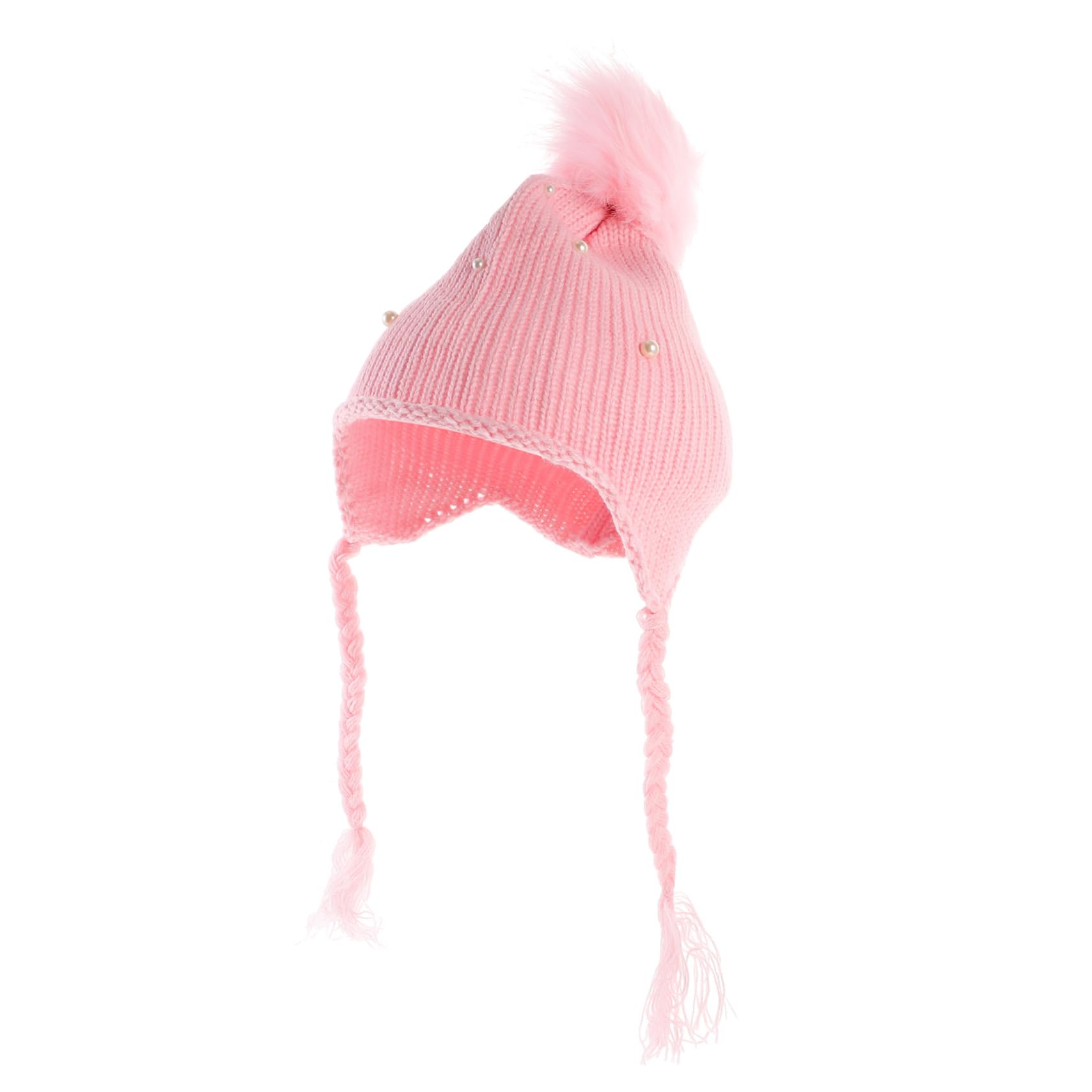 FOMIYES Pearl Decorated Knit Hat with Pom Warm Yarn Beanie for Boy Girl for Soft Stretchy Design for Pink