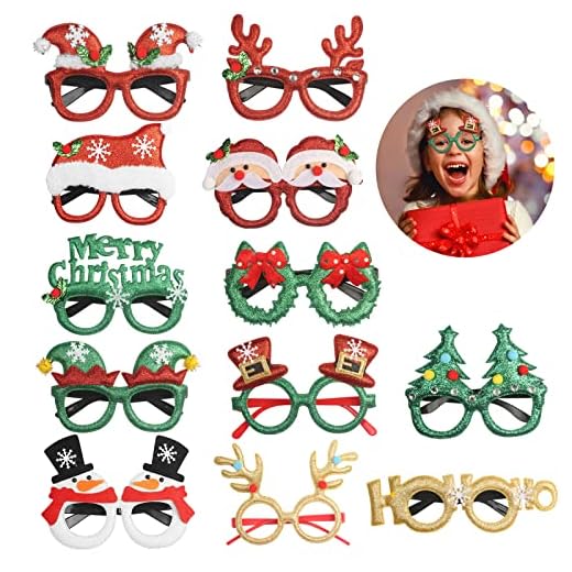 TAZEMAT 12 pcs Gafas Decorativas Navideñas Gafas Divertidas de Dibujos Animados Papá Noel Cuerno de Ciervo Varios Estilos Feliz Navidad Disfraz Accesorio de Fiesta de Navidad para Niños y Adultos