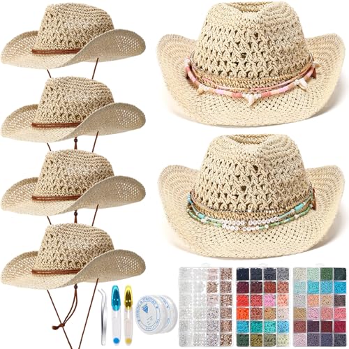 Hercicy 6 Set Coastal Cowgirl Hat Craft DIY with Beaded Making Kit Make Your Own Beach Straw Hat for Women Bachelorette Party(Beige)