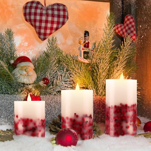 Image of Baquler 3 Pcs Christmas Flameless LED Candles Rowan Berries Embedded Real Wax Unscented Flicker Wick Pillar Candle Battery Operated Warm Light for Home Party Xmas Gift Decoration