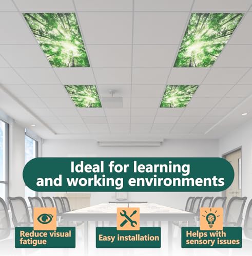 Image of Fluorescent Light Covers, 2 Pack 4 x 2 Feet Magnetic Ceiling Lights for Classroom Decor, Drop Ceiling Cover With 10 Magnets for Office (Forest)