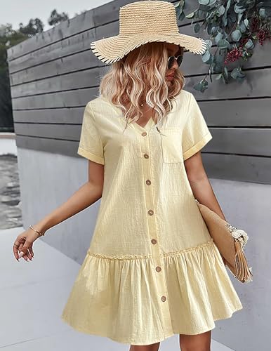 Image of HOTOUCH Women Button Down Dress Loose Summer Cotton Linen Dress Ruffle Hem Casual Dress Short Sleeve Tunic Dress