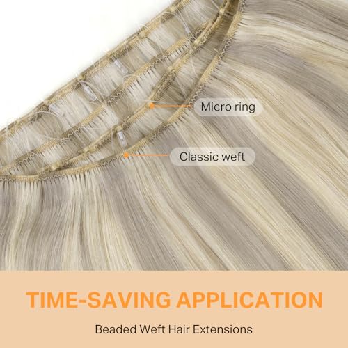 Image of DOORES Beaded Weft Real Humam Hair, 16 Inch 100g Ash Blonde Highlighted Platinum Blonde, Human Extensions Micro Loop Beaded Weft for Women