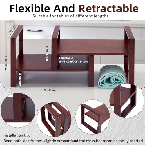 Image of Desk Shelf, 100% Solid Wood Adjustable Desktop Bookshelf, No Tools, Nails or Glue Required for 130lb Load Capacity for Living Room, Office, Books, Cookbooks, Interlocking Joints Walnut Colour