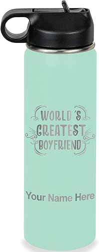 Miniatura 48 de LaserGram Botella de agua personalizada, World's Greatest Boyfriend, acero inoxidable de doble pared aislada al vacío con popote superior, regalo