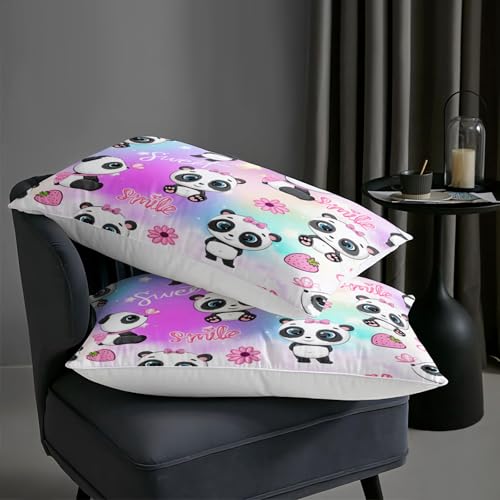 Image of AILONEN Cute Panda Comforter Set Twin Size, Cartoon Animal Panda Bedding Set for Kids Girls,Flower Strawberry Duvet Set 3Pcs for Bedroom Decor,1 Quilt and 2 Pillowcases,Soft