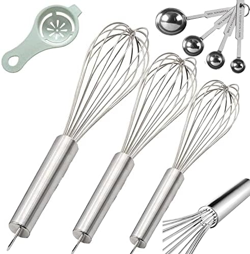 Stainless Steel Whisk, Whisk Set with Measuring Spoon and 8"+10"+12" Wire Whisk for Cooking Blending, Beating, Stirring, Baking (5 Pack Silver)