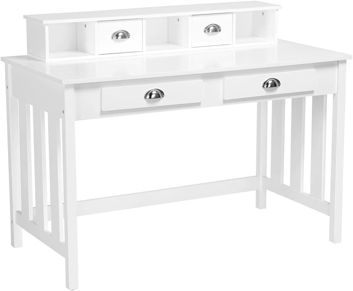 Yaheetech Writing Computer Desk Secretary Desk with Removable Floating Organizer, Workstation Laptop Table Home Office Notebook Desk Organizer with 2 Tier Hutch 4 Drawers, Solid Pine Wood Legs, White