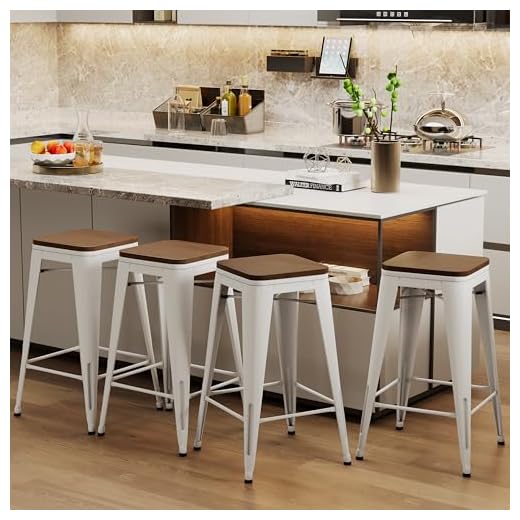 Alunaune 24" Metal Bar Stools Set of 4 Industrial Backless Counter Height Barstools Kitchen Patio Stool Stackable with Wooden Seat- White