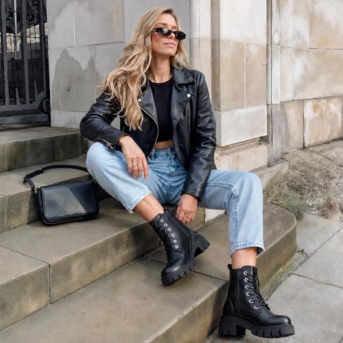 Image of Vepose Women's Lace-Up Combat Ankle Boots with Chunky Platform Heel