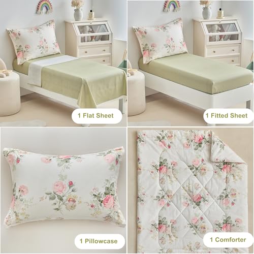 Image of DuShow 4 Pieces Cotton Toddler Bedding Set,Pink Flower Reversible Toddler Comforter Set,Floral Crib Bed Sheet Set,Kids Toddler Bedding Set for Girls