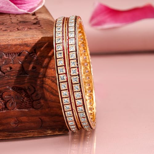Image of Rubans Set of 2, 22K Gold-Plated Red-Bordered Square-Cut White Cubic Zirconia Studded Bangles