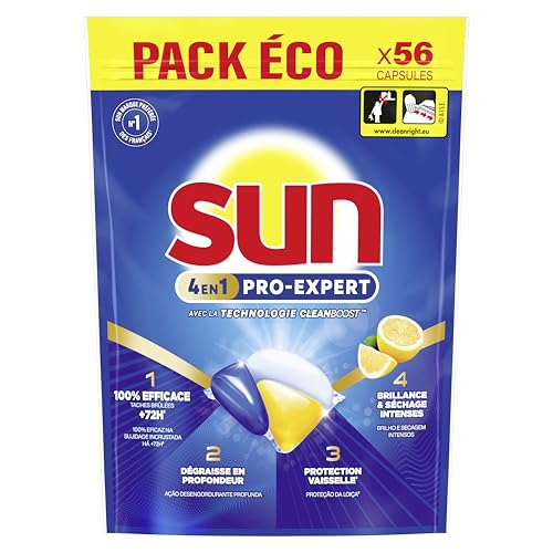 Sun - Pro Expert - Pastilles Lave Vaisselle - Action 4 en 1 - Citron - Elimine 100% des taches brûlées de +72h - dégraissent en Profondeur - 56 Capsules