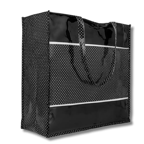 Image of Multipurpose Tote Bag - Black with White Dots | Large Waterproof PVC Mesh Picnic Bag | Reusable Shopping Bag for Groceries, Travel, Beach, Outdoor & Daily Use | Stylish Carry Handbag