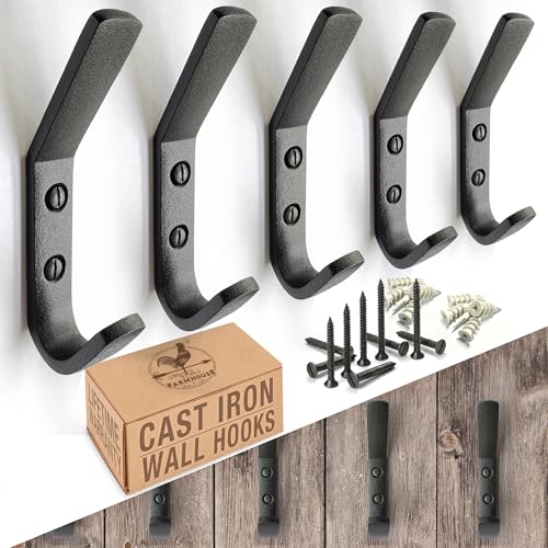 Cast Iron Coat Hook (5 Pack) Heavy Duty Modern Farmhouse Entry Wall Hooks for Hanging Coats, Bags, Jackets, Towels (Black, Includes Hardware) (Antique Black)