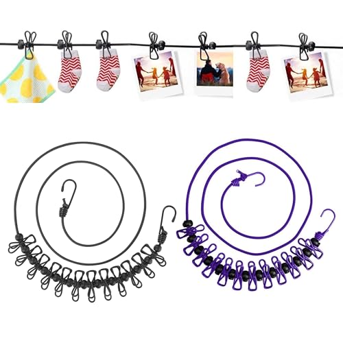 Pack of 2 Camping Washing Lines, 1.8 m - 3.6 m Portable Washing Line, Camping Accessories with 12 Clothes Pegs and 13 Positioning Curves for Bathroom, Laundry Room, Garden or Travel (Black + Purple)