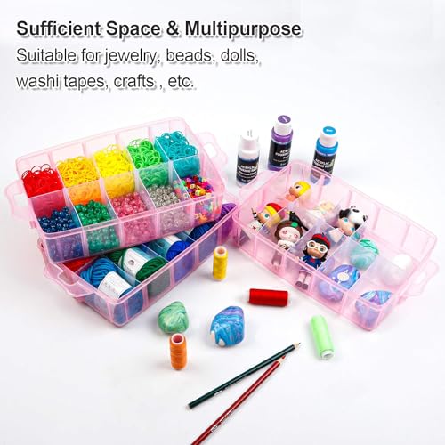 Image of RECLUSE PINK Stackable 3 Tier 30 Grids Clear Plastic Storage Box with Adjustable Compartments for Sewing Accessories, Screws, Bolts, Jewellery, Office Supply Pins & Clips, Small Parts & Hardware