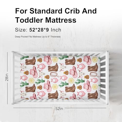 Image of Pink Western Cowgirl Cowboy Fitted Baby Crib Sheet for Boy Girl 52 inchx28 inch Desert Cowboy Hat Boot Sun Cactus Soft Breathable Baby Crib Mattress Bed Sheet Fits Standard Crib and Toddler Mattress