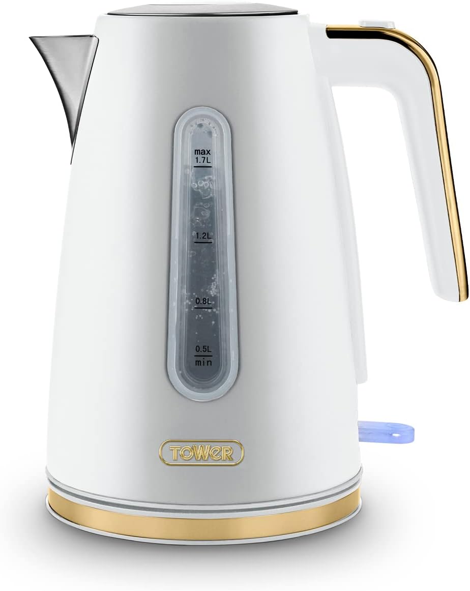 Tower T10066WHT Cavaletto Jug Kettle With 360° Swivel Base, 1.7L, 3KW, Optic White And Champagne Accents