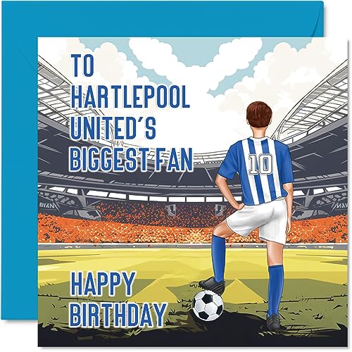 Football Birthday Card for Hartlepool Fans - Biggest Fan - Fun Happy Birthday Card for Son Dad Brother Uncle Colleague Friend Cousin, 145mm Footy Footie Bday Greeting Cards