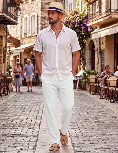 Image of COOFANDY Mens Cotton Linen Pants Casual Drawstring Summer Beach Pants Lightweight Linen Dress Trousers