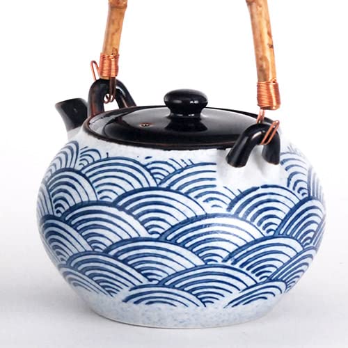 Hinomaru Collection Kagetsu Glazed Porcelain Japanese Seigaiha Waves Design Tea Set 24 Fl Oz Teapot With Rattan Handle And Four Tea Cups #TOP1