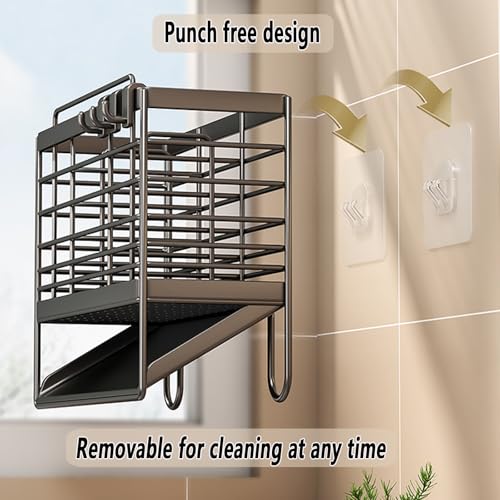 RAKSONIC Utensil Holder, Dish Drainer for Kitchen Counter,3 Compartments Stainless Steel Utensil Drying Rack,Kitchen Utensils Holder with Towel Bar,Self-Draining Tray Design(Black)