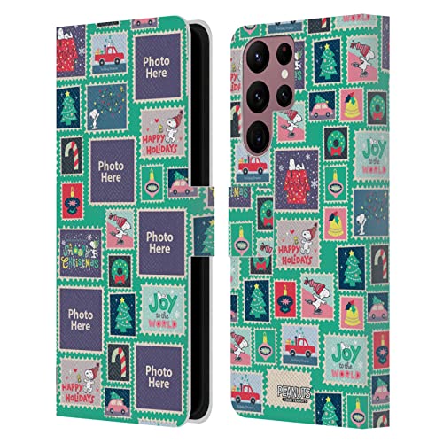 Coque Peanuts Samsung Galaxy S22 Ultra 5G en cuir portefeuille personnalisé avec timbres de Noël