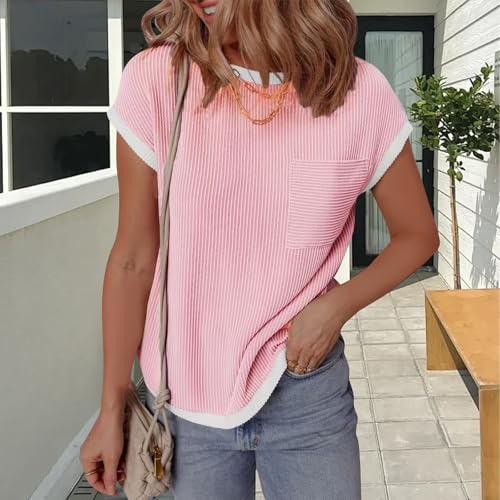 Womens Casual Color Block Crew Neck Shirts Summer Short Sleeve Knit Tops Loose Fit Vacation Trendy Sweater Blouses2