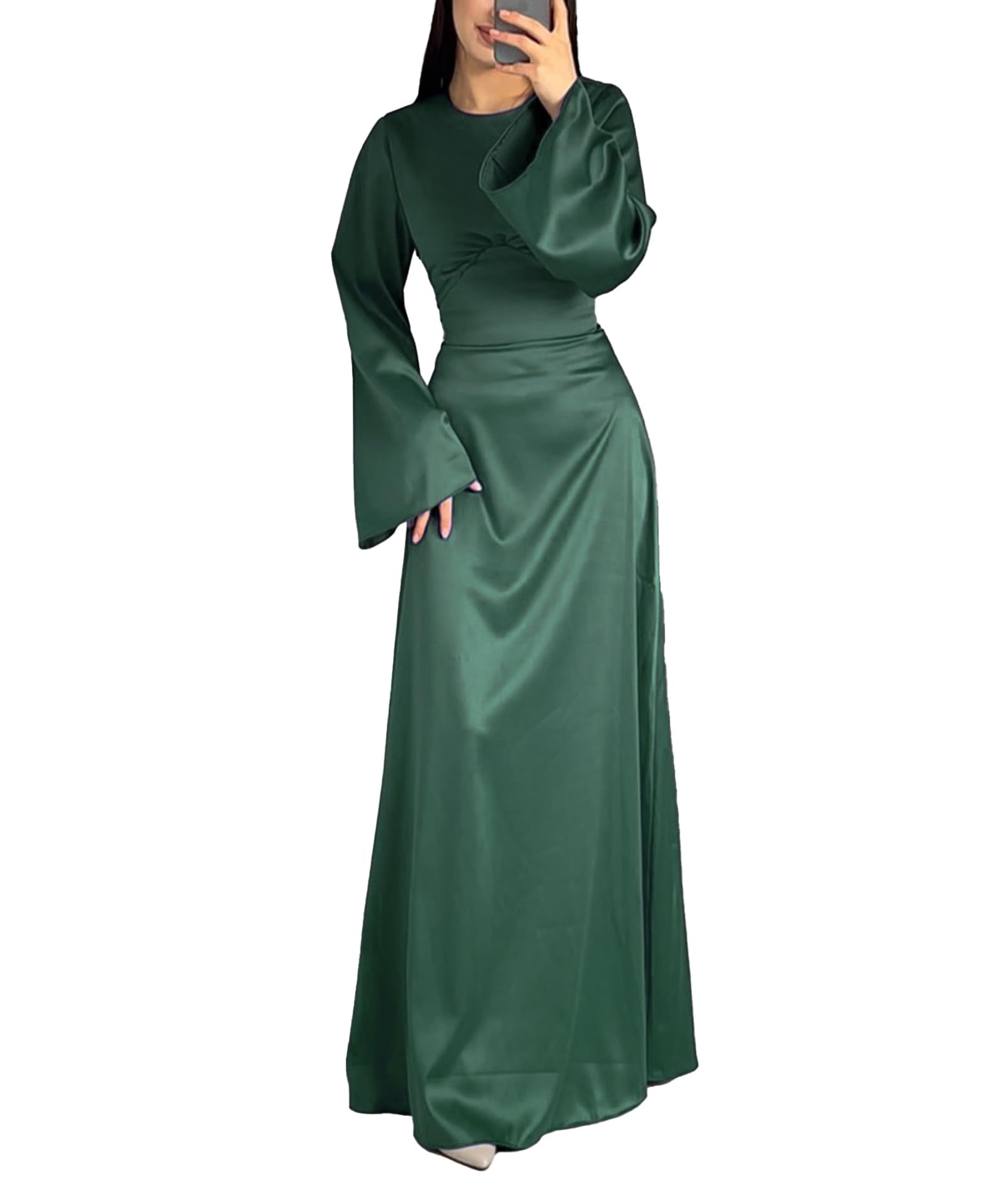 xxxiticat Women's Slip Satin Long Dress Long Sleeve Round Neck Back Lace Up Bandage Tie Wedding Party Maxi Dresses, Green, M