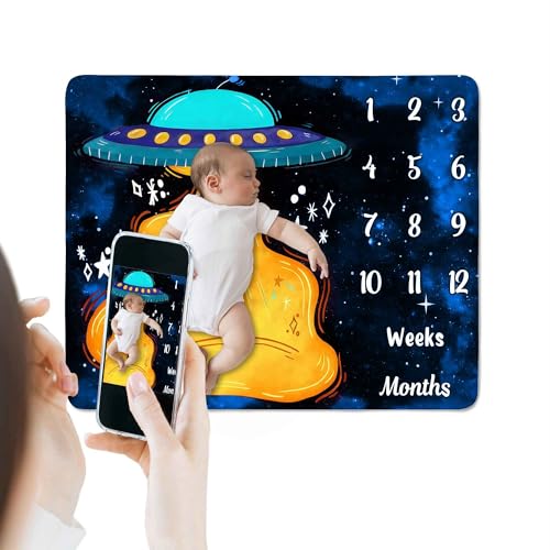Image of UFO Baby Monthly Milestone Blanket, Spaceship Print, Blue, 48x40in | Soft Flannel, Alien Pattern, Starry Night Whimsical Design, Newborn Mom Gifts, Baby Shower Age Growth Tracker