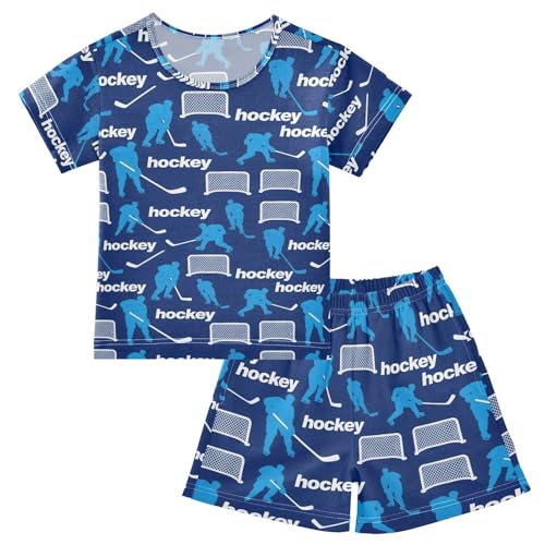 ALAZA Ice Hockey Cartoon Blue Pajamas Short Sleeve 2 Piece Sleepwear Top and Bottom Pajama Set Unisex