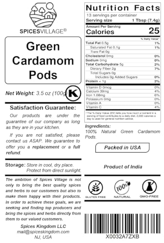 SPICES VILLAGE Green Cardamom Pods (3.5 oz) - Whole Cardamom Spice, Fancy Size Large Seeds, All Natural Indian Herb, Aromatic Green Cardamon - Kosher, Gluten Free, Vegan, Non GMO, Resealable Bulk Bag - Image 2