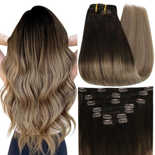 Image of Full Shine Clip in Real Hair Extensions, Medium Brown to Blonde, 18 Inch | Clip in Extensions Real Human Hair, Natural Blend, Adds Length, Silky Straight, Daily Styling, Heat Friendly, 120g 7 Pcs