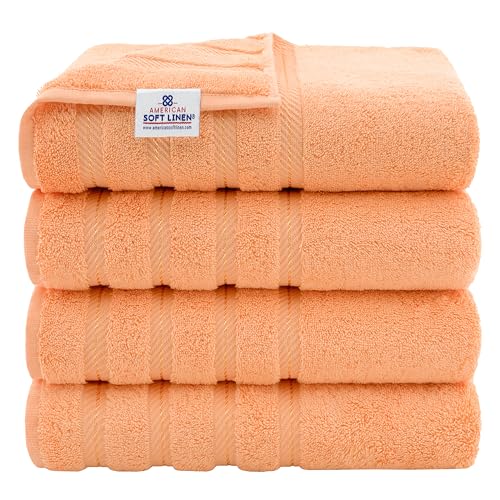 American Soft Linen Luxury 4 Piece Bath Towel Set, 600 GSM 100% Cotton Turkish Bath Towels for Bathroom, 27x54 in Extra Large Bathroom Shower Towels, Malibu Peach