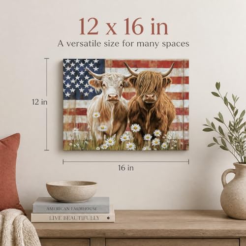 Image of Highland Cow Wall Art Decor, 4th of July American Flag Patriotic Vintage Canvas Print Picture Framed, Rustic Farmhouse Animal Painting for Home Bathroom Living Room