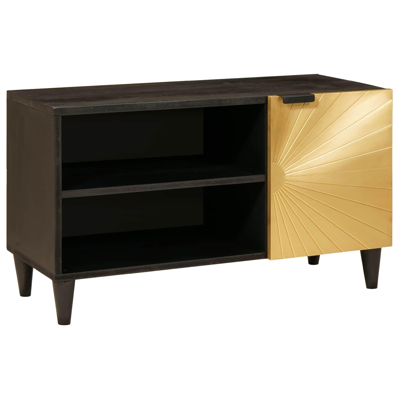 Szafka pod telewizor, czarno-złota, materiał drewnopochodny, 80 x 33 x 46 cm, z miejscem do przechowywania i półkami, nowoczesna szafka do salonu, kino domowe z drzwiami i półką, elegancki