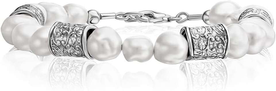 JEAN RACHEL JEWELRY 925 Sterling Silver Bracelet On A 7.5" Chain With Freshwater Cultured Pearls Vintage Look Hypoallergenic Nickel and Lead-free Artisan Handcrafted Designer Collection